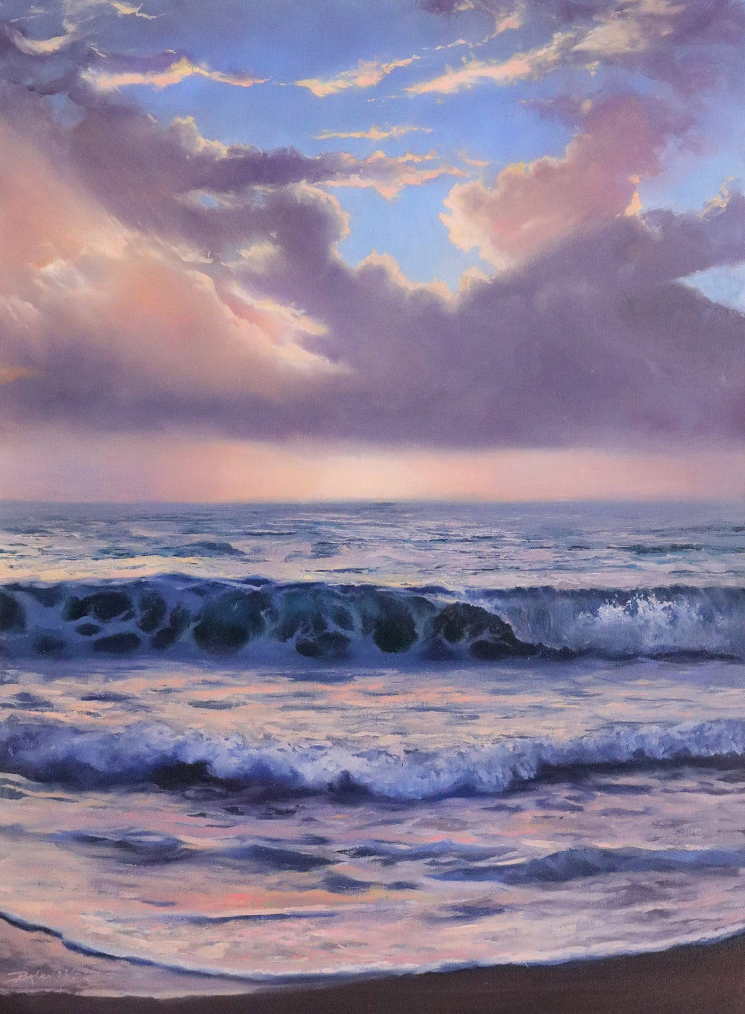 An artist's representation of a beach with waves and clouds, painted in oil on canvas, Brian O'Neill - "Awaken".