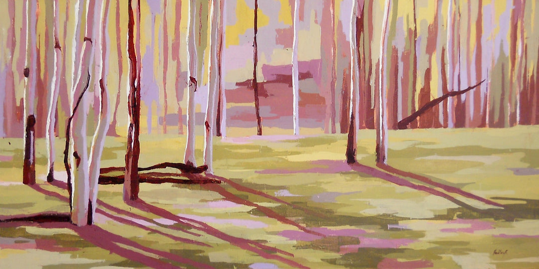 An enchanting painting by Hadley Rampton, "Intervals, 2015" featuring yellow and pink trees in a forest. The artist beautifully captured the serene atmosphere of the scenery using oil on canvas. The vibrant colors create delightful.