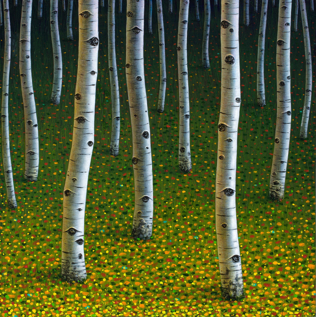 Thane Gorek's oil on board masterpiece, "The Darkening Woods" by Thane Gorek, transports viewers to a mesmerizing forest of birch trees.