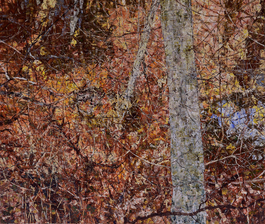 An oil painting of a forest with "Flicker" trees and leaves, created by Chris Charlebois - a talented artist.