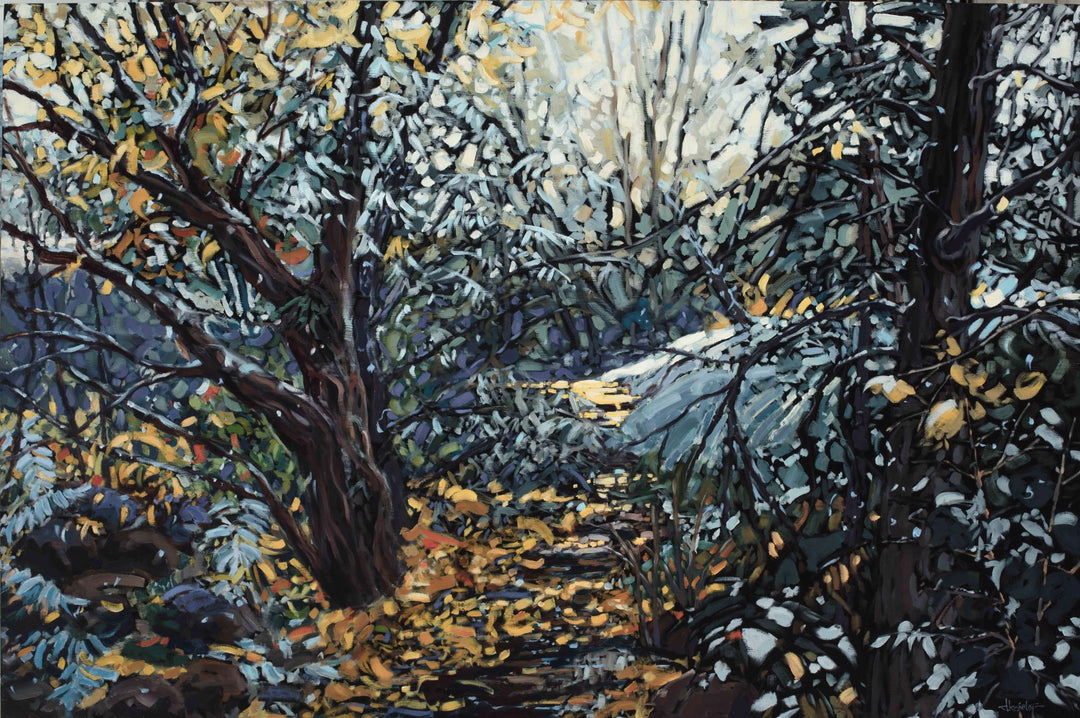 When the Morning Brings the Snow" is a serene oil painting capturing a snowy path cutting through the enchanting woods created by the talented artist, Deb Komitor.