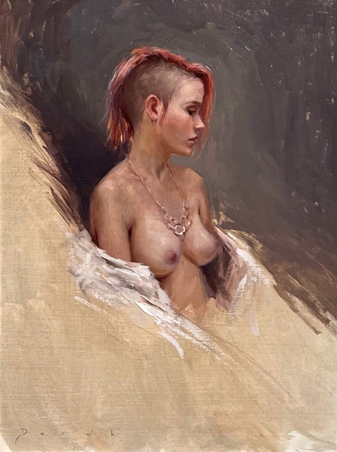 An oil painting of a nude woman with red hair created by Derek Harrison - "Sam, 2016".