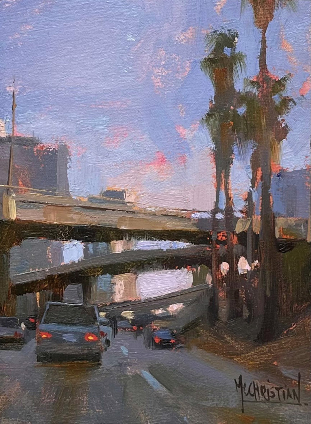 Jennifer McChristian's 2008 painting, "Under the 110, Jennifer McChristian", depicts cars driving on a highway at sunset.