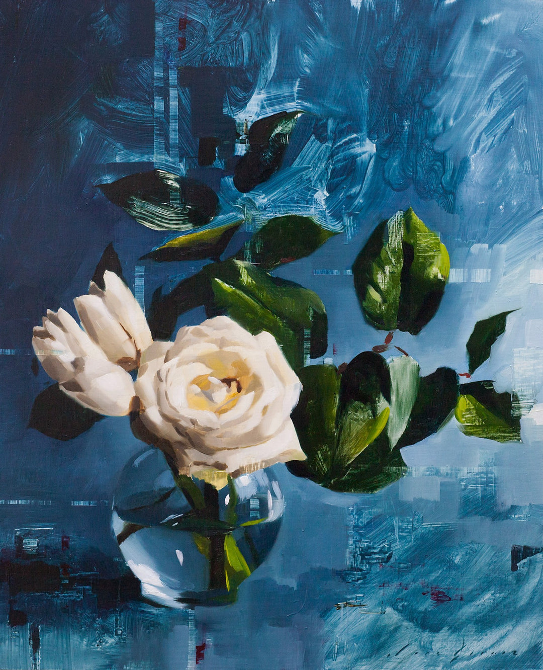 A painting of white roses in a vase on a blue background, created with oil on panel by Jon Doran - "Tulips and Rose on Blue" by Jon Doran.