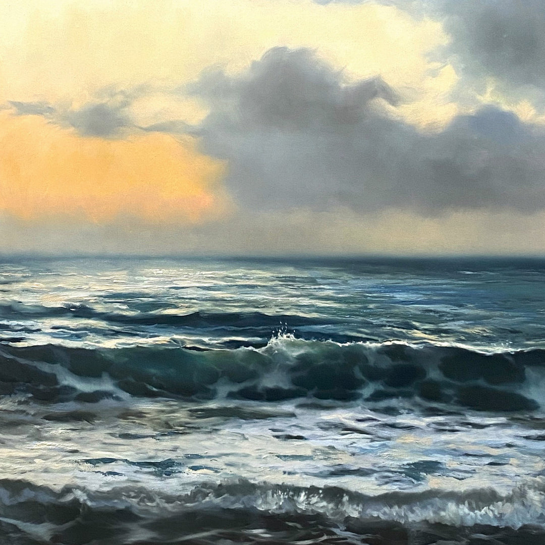 Brian O'Neill's oil painting of the ocean at sunset, titled "Morning Tide" by Brian O'Neill, is a stunning depiction of the tranquil beauty that can be found in nature.
