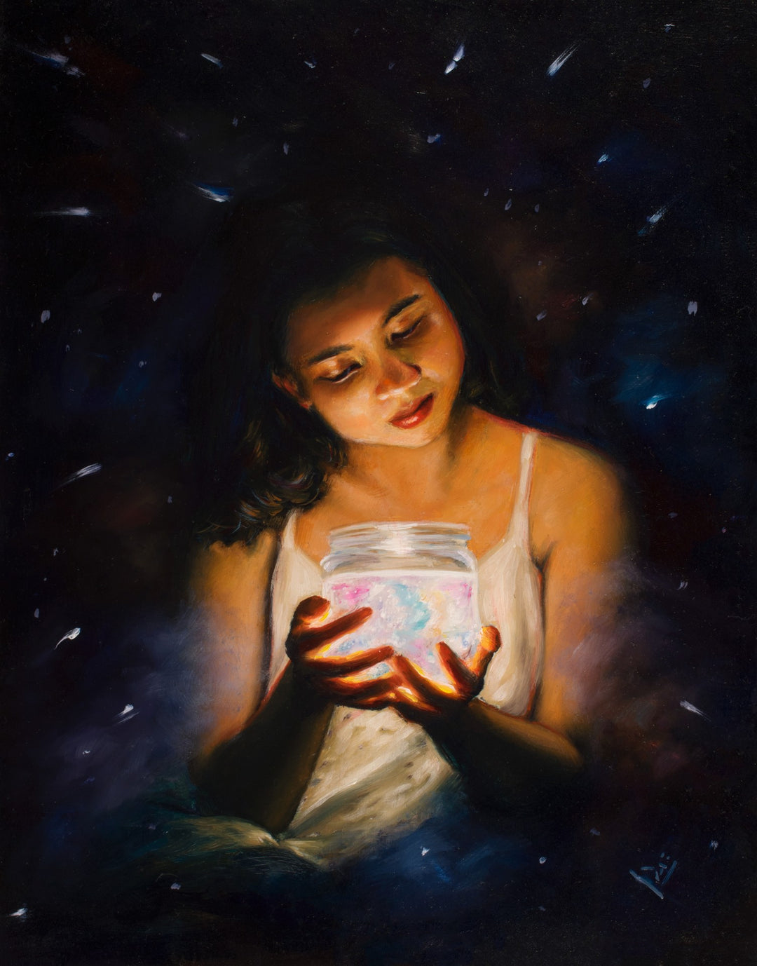 The brand new "Pocket Full of Dreams" by Tiffany Dae is an enchanting painting, featuring a mesmerizing portrayal of a girl delicately grasping a jar brimming with twinkling stars.