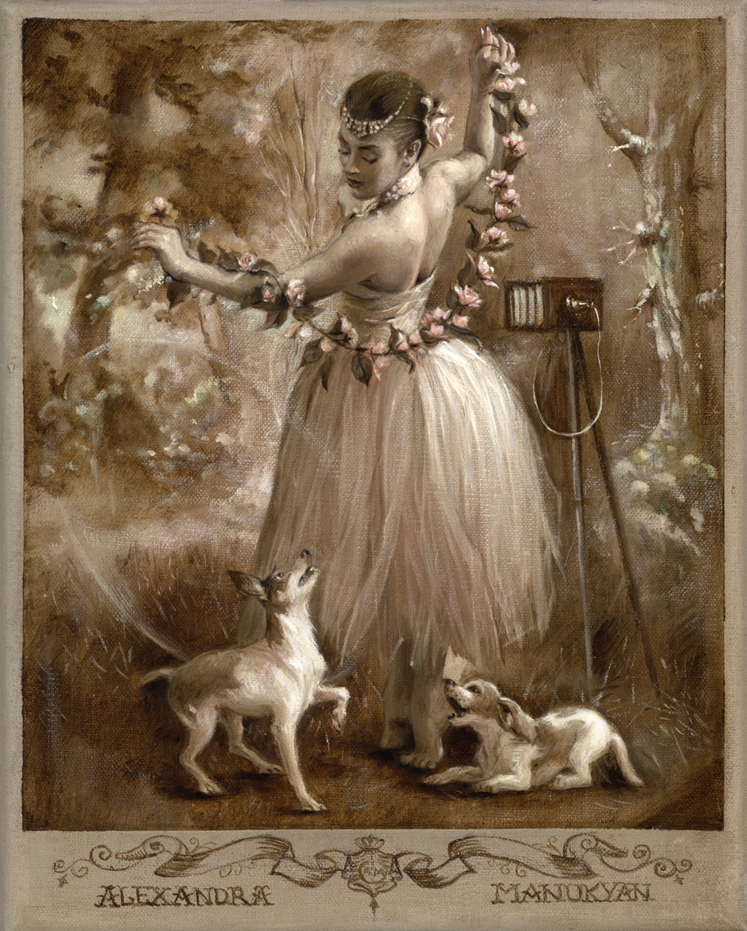 Alexandra Manukyan's painting, "Alexandra Manukyan - 'She Walks in Beauty'," depicts a ballerina gracefully surrounded by dogs. The artist expertly captures the beauty and elegance of the ballerina.