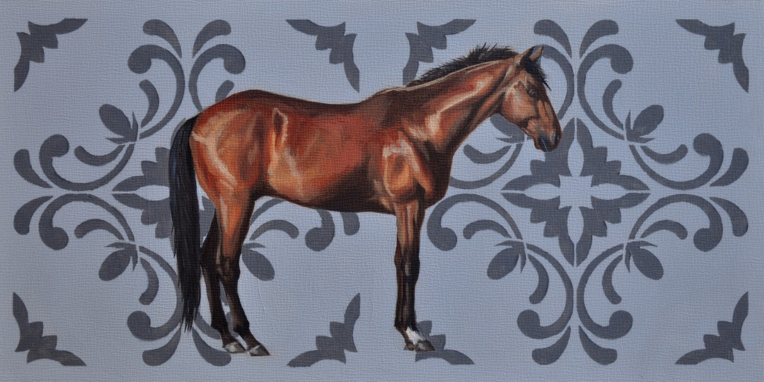 An artist's oil painting of a horse on a blue background, rendered onto a 6 x 12 inch Robin Hextrum "Chestnut" Masonite wood panel.