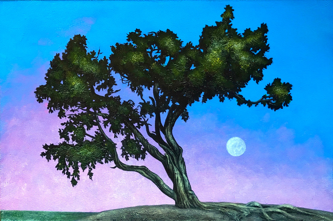 Thane Gorek - "Moongazer"" is a captivating oil on canvas painting depicting a lone tree gracefully perched atop a hill, created by the talented artist Thane Gorek.