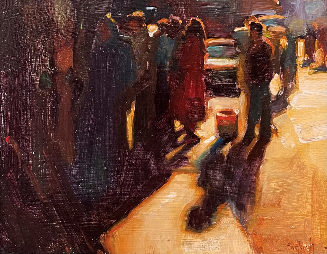 An oil painting by Kim English - "Antioch Shadows" depicting people standing on a street.