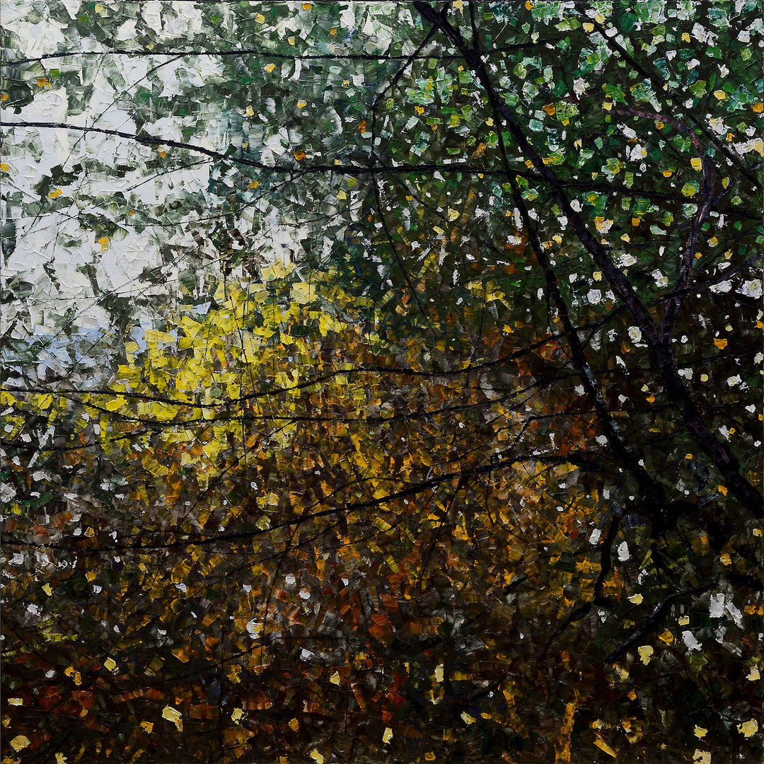 An oil painting of a tree with leaves in the background, inspired by the "View from Sarah's Window" by Chris Charlebois.