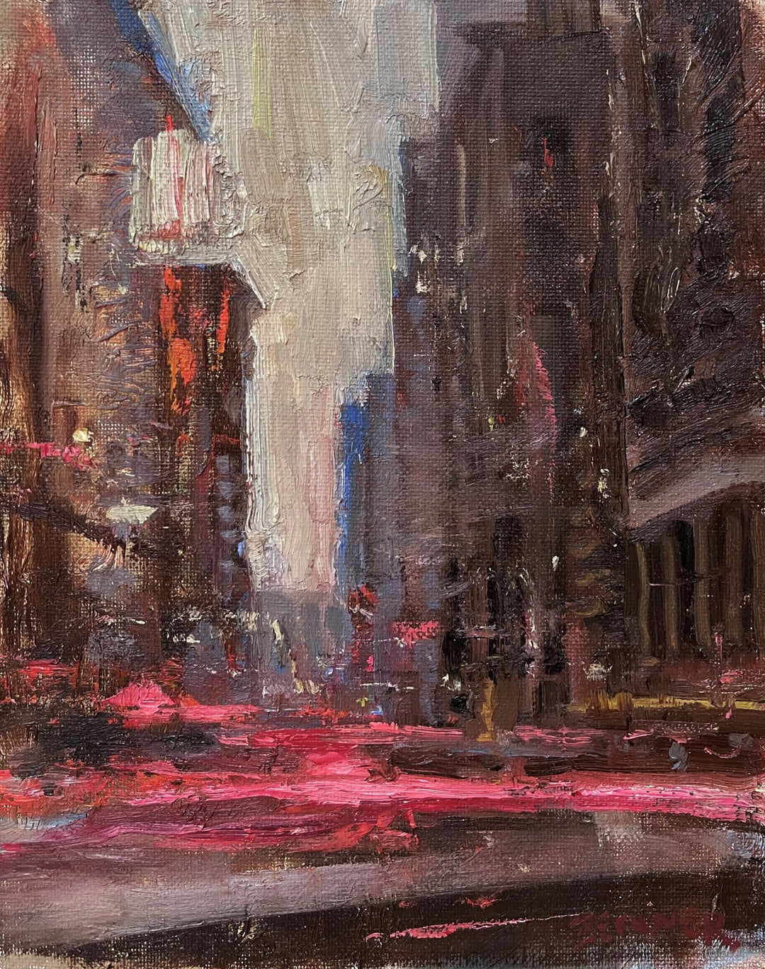 Jim Beckner's "Street Movement" painting, created by Jim Beckner himself, captures the dynamic Street Movement of a city street, illuminated by vibrant red lights.