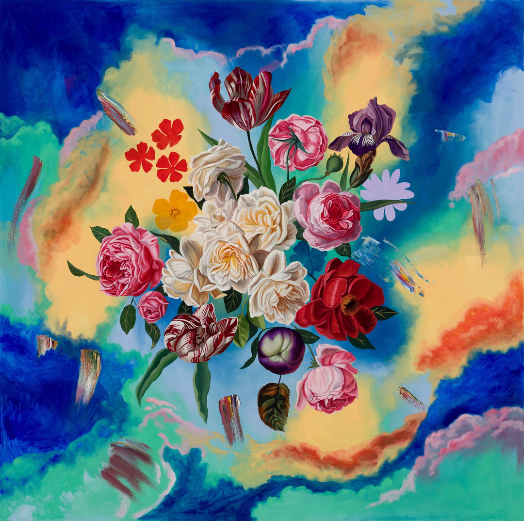 Robin Hextrum's stunning oil on panel masterpiece, "Flowers Floating in Chromatic Clouds" by Robin Hextrum, depicts a captivating bouquet of flowers against the backdrop of a serene blue sky. This 40 x 40 inch painting showcases the artist's remarkable talent.