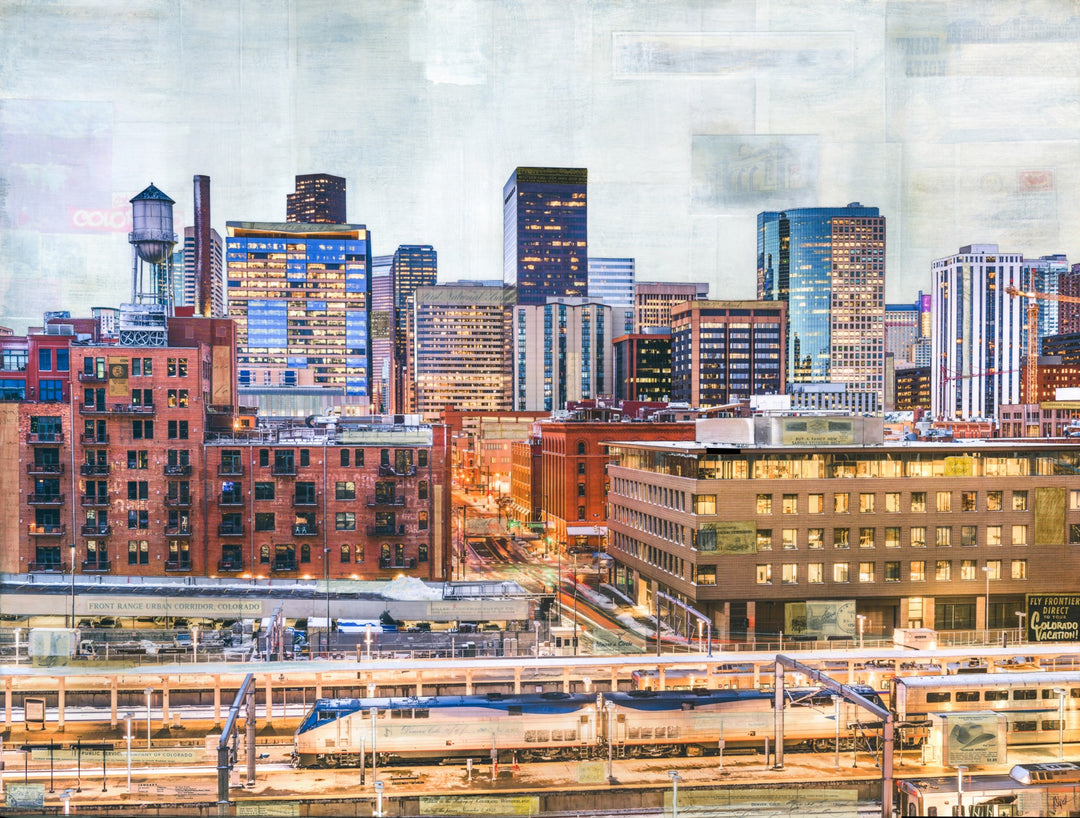 A city skyline artistically captured on a cradled wood panel by JC Spock - "From Union Station" from the brand JC Spock.