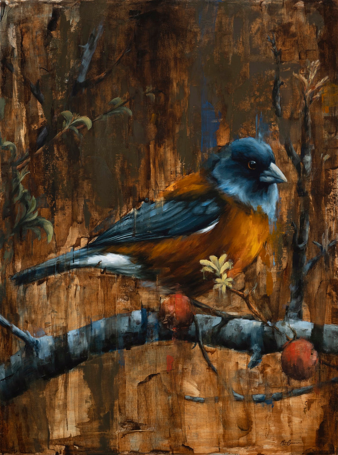 A painting of a bird artistically perched on a branch, beautifully captured in oil on panel, titled "Break From Flight, 2022" by Morgan Cameron.