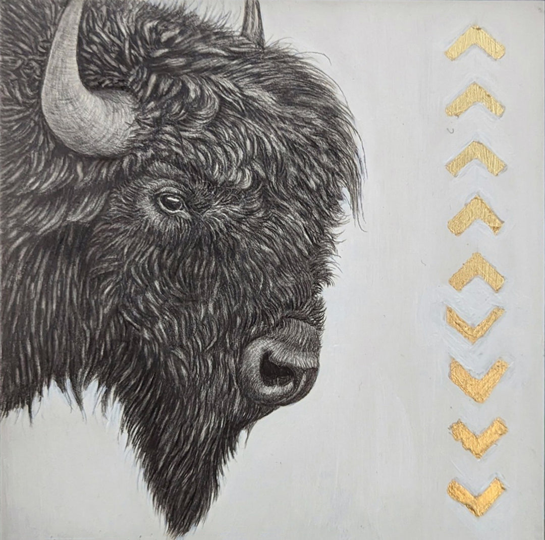 A stunning graphite painting of Tammy Liu-Haller's majestic bison adorned with elegant gold arrows, skillfully created by the talented artist Tammy Liu-Haller.