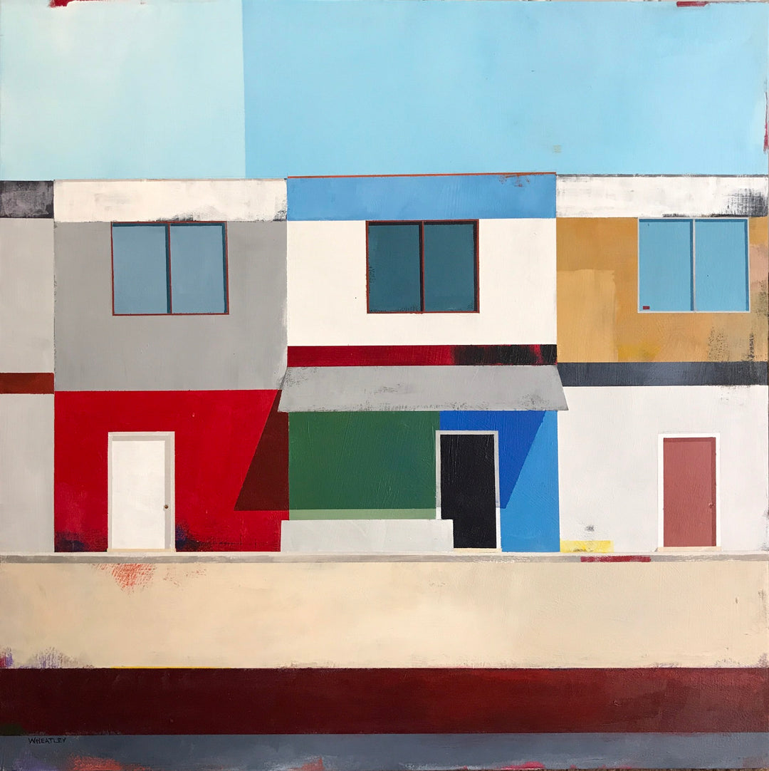 Justin Wheatley's "Siblings" painting captures a street scene with colorful buildings.