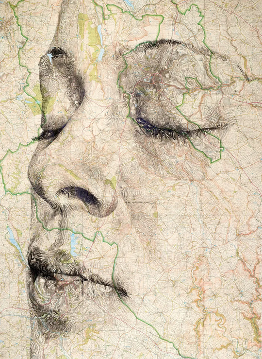 A limited edition Ed Fairburn | "Peak District" artist's drawing of a woman with her eyes closed on a map of the Peak District.