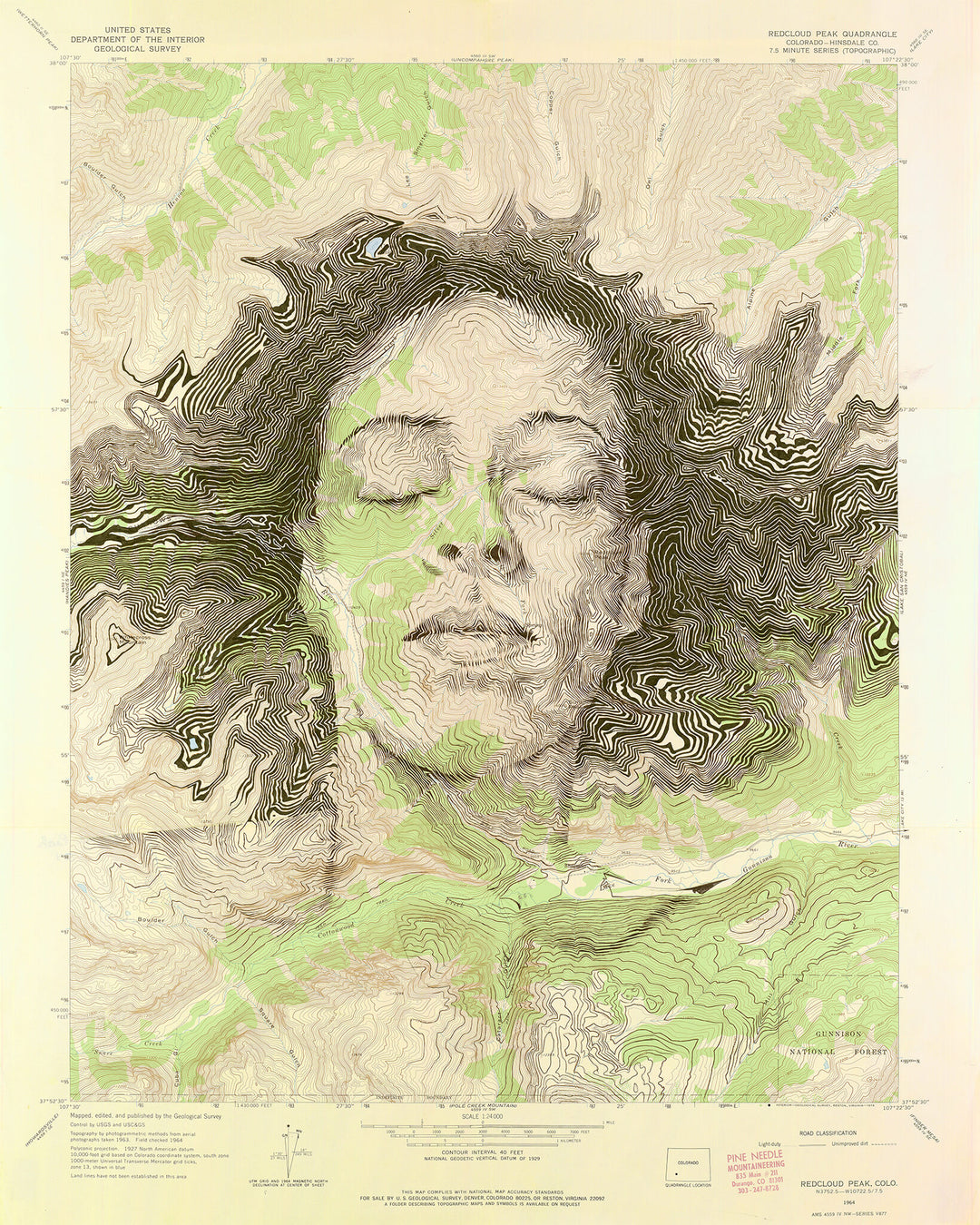 A limited edition map of a woman with her eyes closed, inspired by the scenic beauty of the San Juan Mountains. Created by artist Ed Fairburn | "San Juan Mountains" by Ed Fairburn.