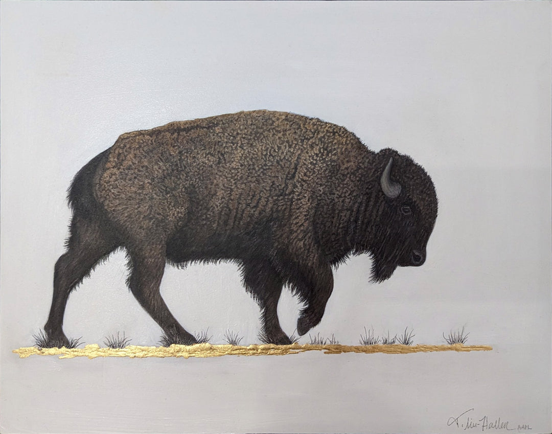 This stunning encaustic panel portrays a majestic bison, capturing its essence as it stands proudly against a pristine white background. The artist's unique style, Tammy Liu-Haller - "Going Solo",