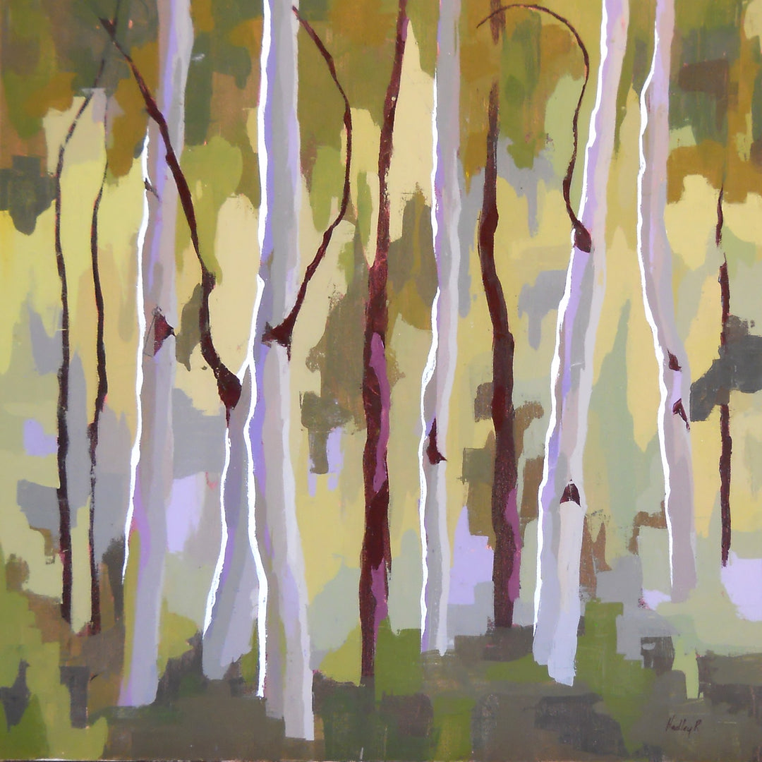 A Hadley Rampton - "Backlit" painting of a forest of birch trees, created with oil by Hadley Rampton.