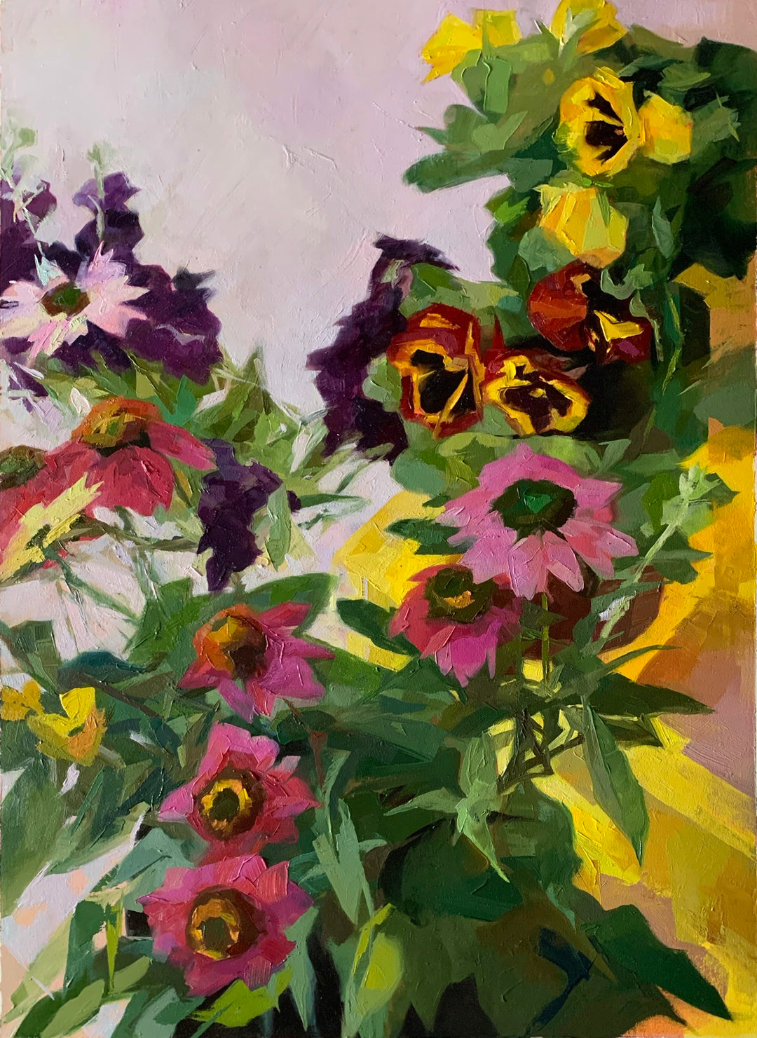 A stunning Yana Beylinson - "Yellow Box," 2019-2020 artfully captures the vivid colors of delicate flowers in an oil painting by a talented artist.