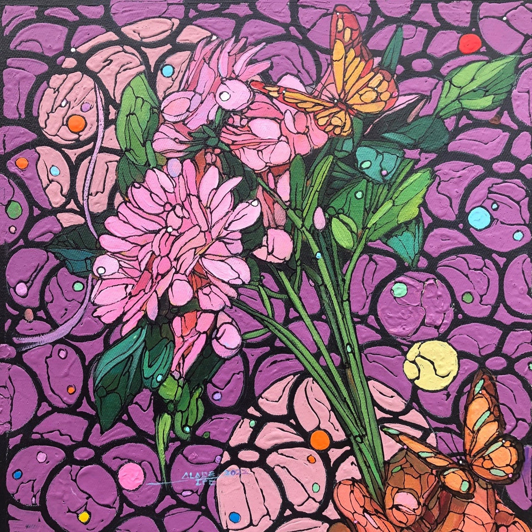 Nectar III" by Ifeoluwa Alade is a vibrant acrylic painting featuring pink flowers and butterflies on a purple background.