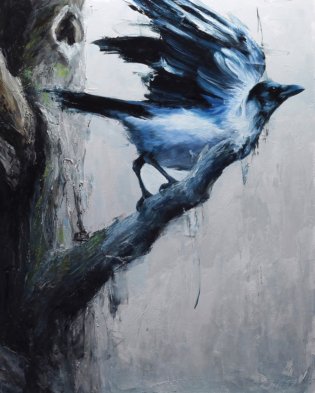 A painting by artist Morgan Cameron depicting a blue bird perched on a branch amidst "Mist and Shadow, 2022" by Morgan Cameron.