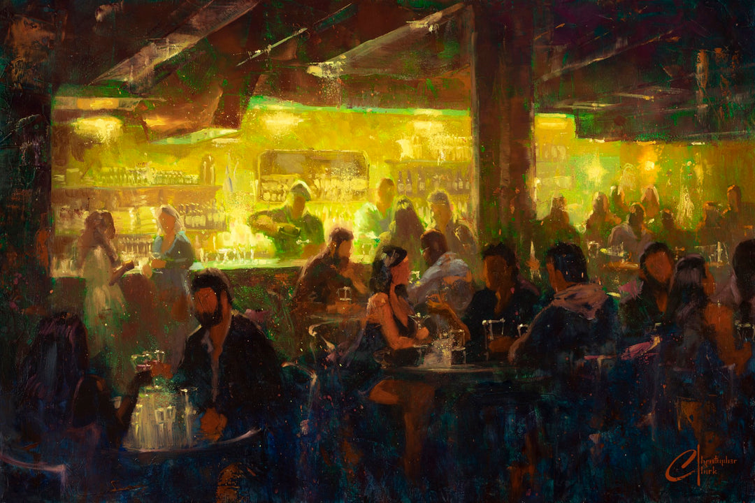 A painting of people in Christopher Clark's "New York City, Bar 1, 2022" artwork.