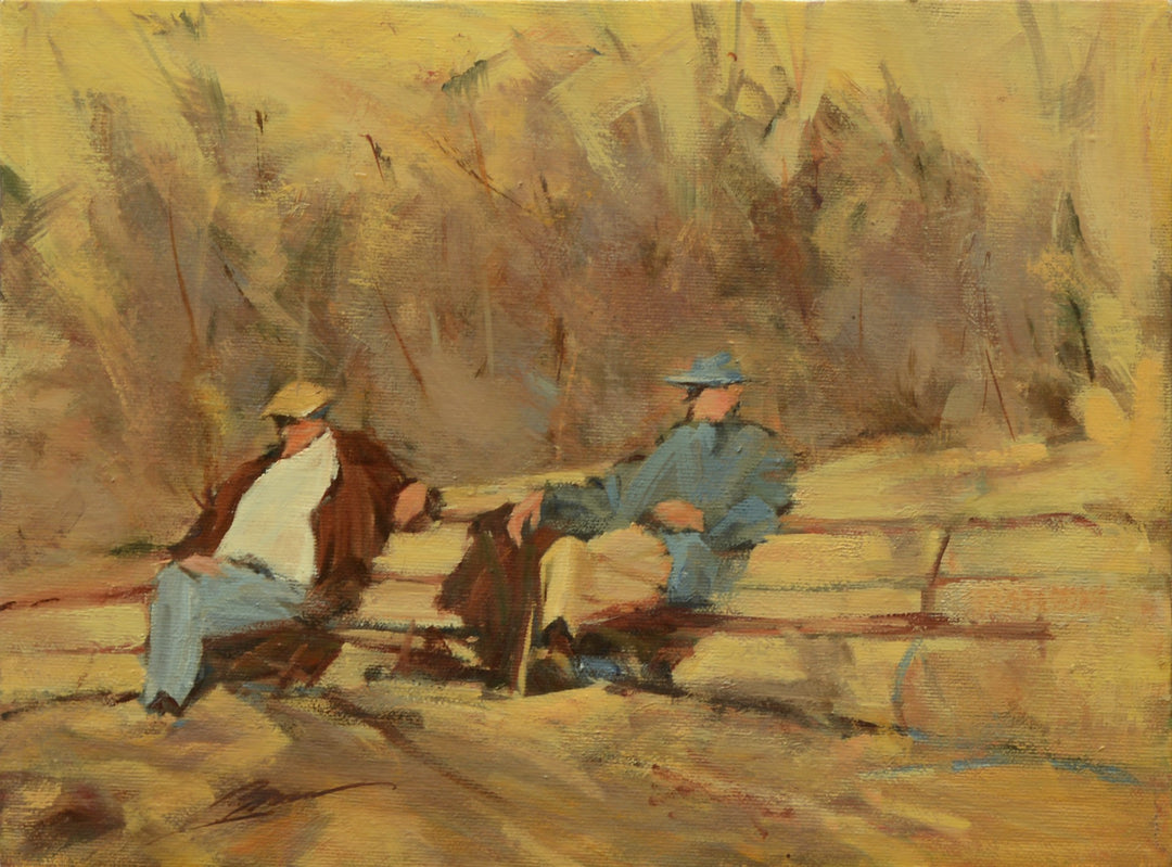 Jann T. Bass's "Business News" captures two men peacefully sitting on a bench, creating a serene atmosphere.