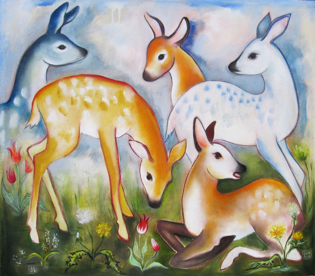 A stunning oil on canvas painting capturing a group of forest fawns in a spacious field. Sized at an impressive 32 x 36 inches, "Zoa Ace - Forest Fawns" breathes life into the grace and elegance.