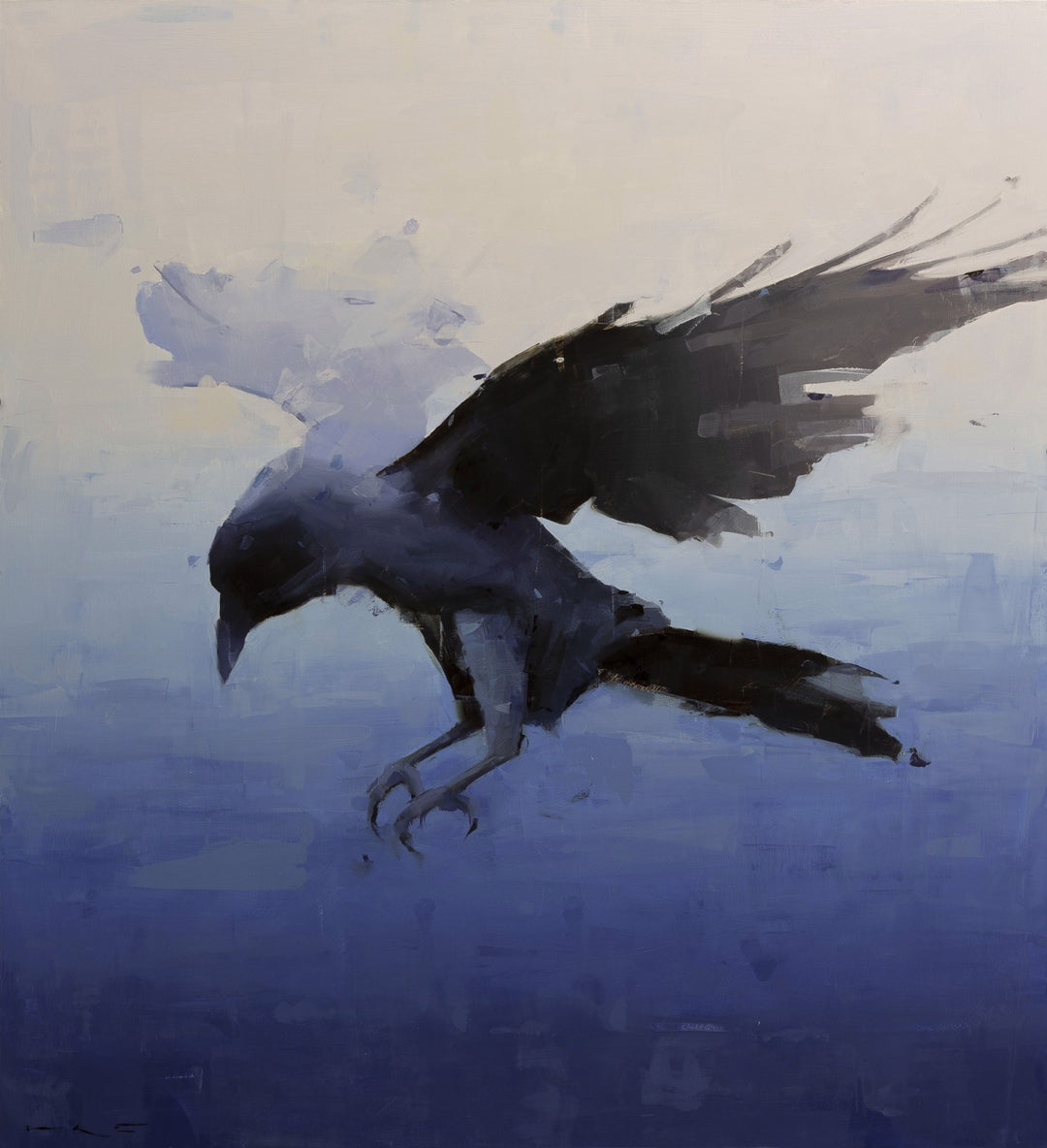 Thorgrimur Einarsson - "Krummi nr 56", Thorgrimur Einarsson's oil painting captures a crow soaring through the sky on a wood panel.