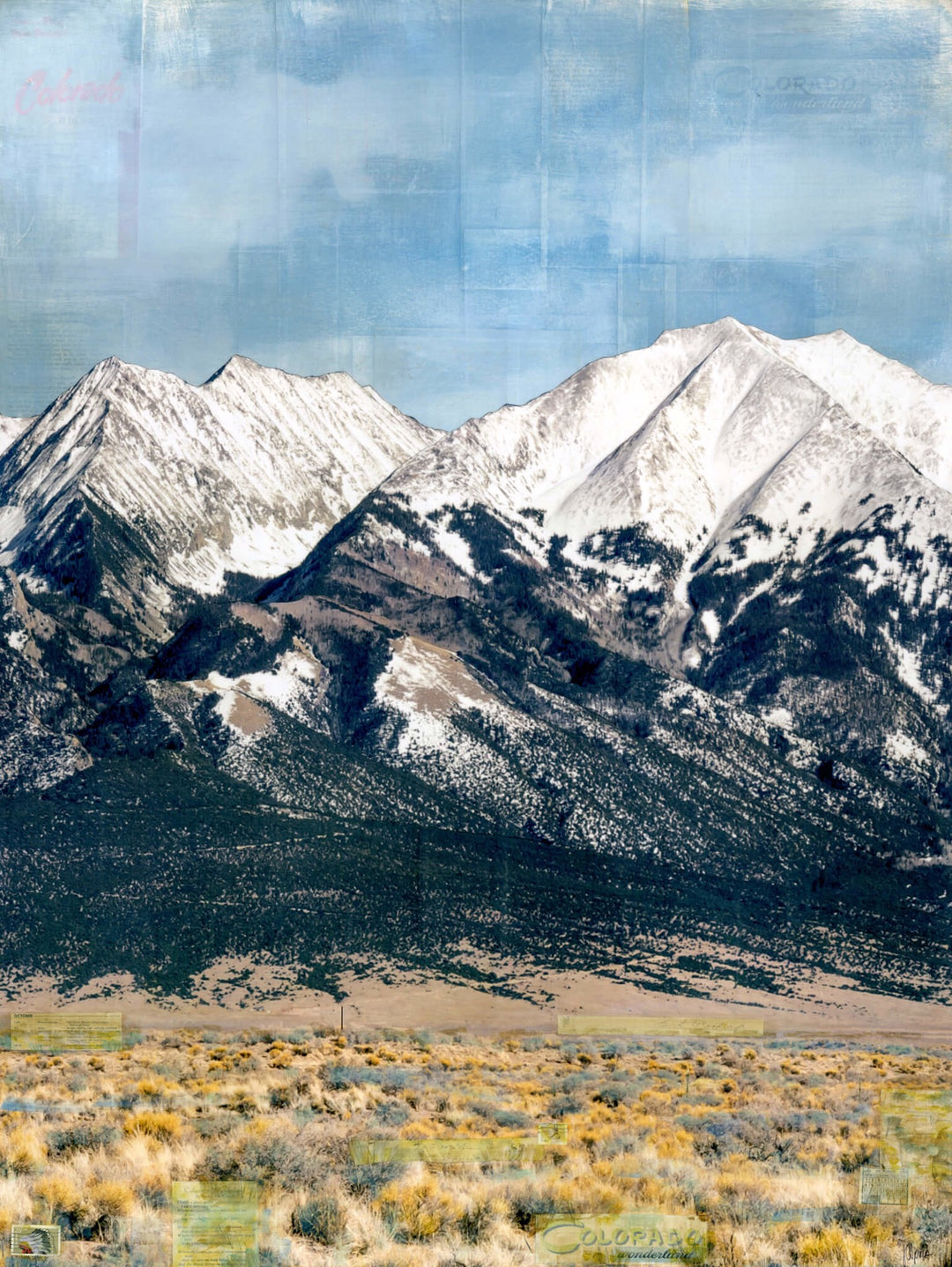 A mixed media painting of a mountain range with snow capped mountains, inspired by the majestic peaks found in JC Spock - "Sagebrush to Peaks" by JC Spock.