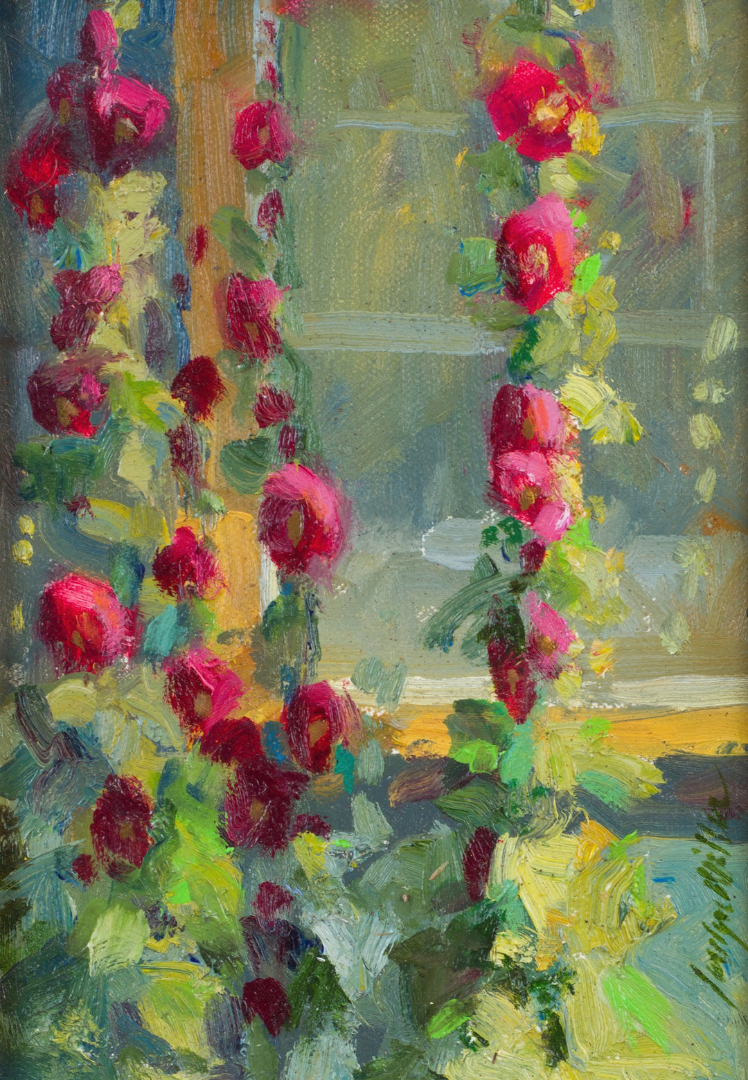 Hollyhocks I, 2006" by Carolyn Miller is an exquisite oil painting. This captivating artwork showcases vibrant red flowers elegantly arranged in front of a window. The expert use of oil on board brings out