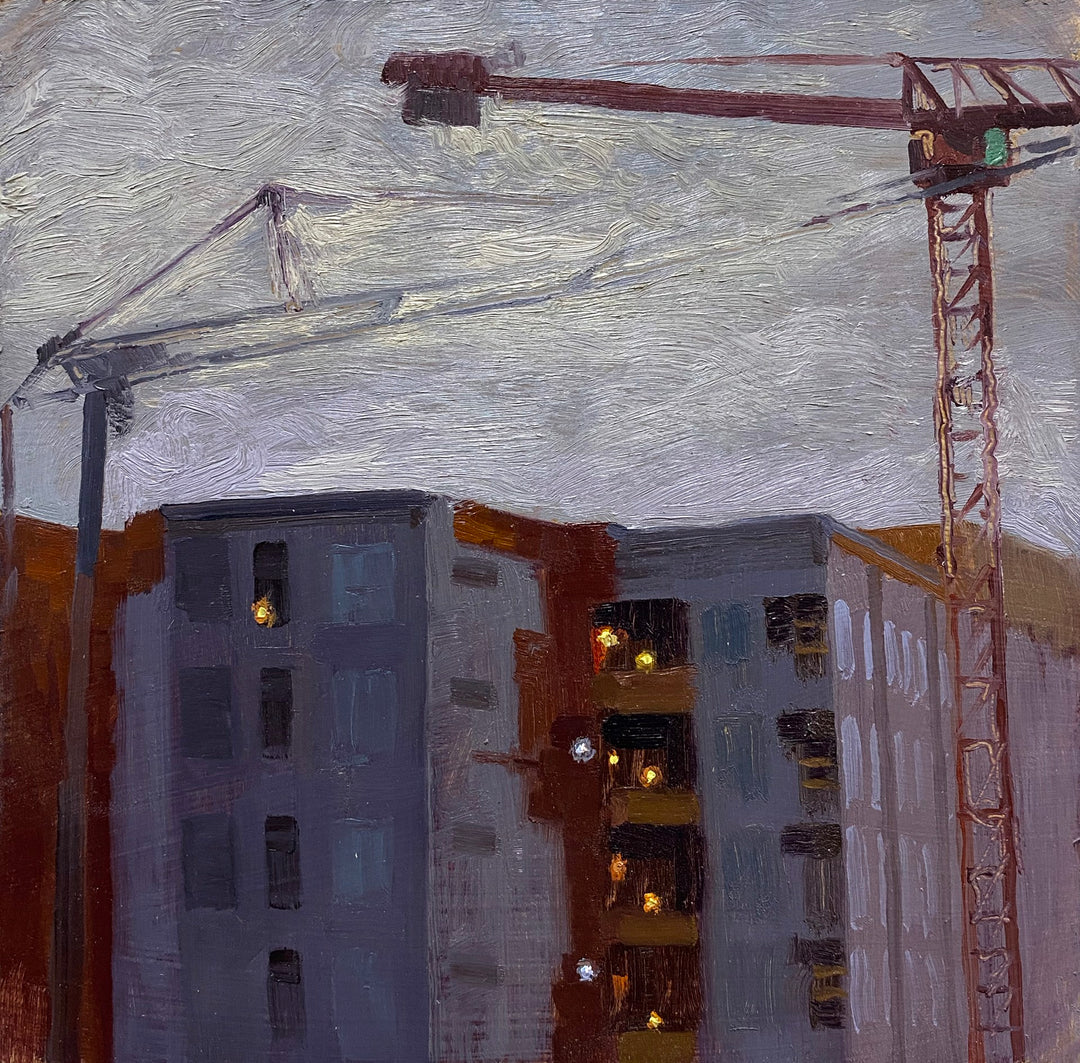 A highrise building stands tall behind a construction crane in this stunning oil on panel painting. The talented artist, Brad Davis, beautifully captures the intricate details of the "Highrise" crane against the backdrop of the Brad Davis brand.