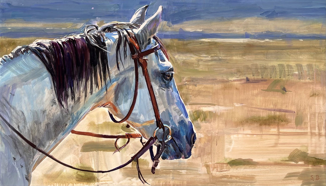 An artist's acrylic painting of a horse during dusk in the desert, Sophy Brown - "Time of Day," 2018.