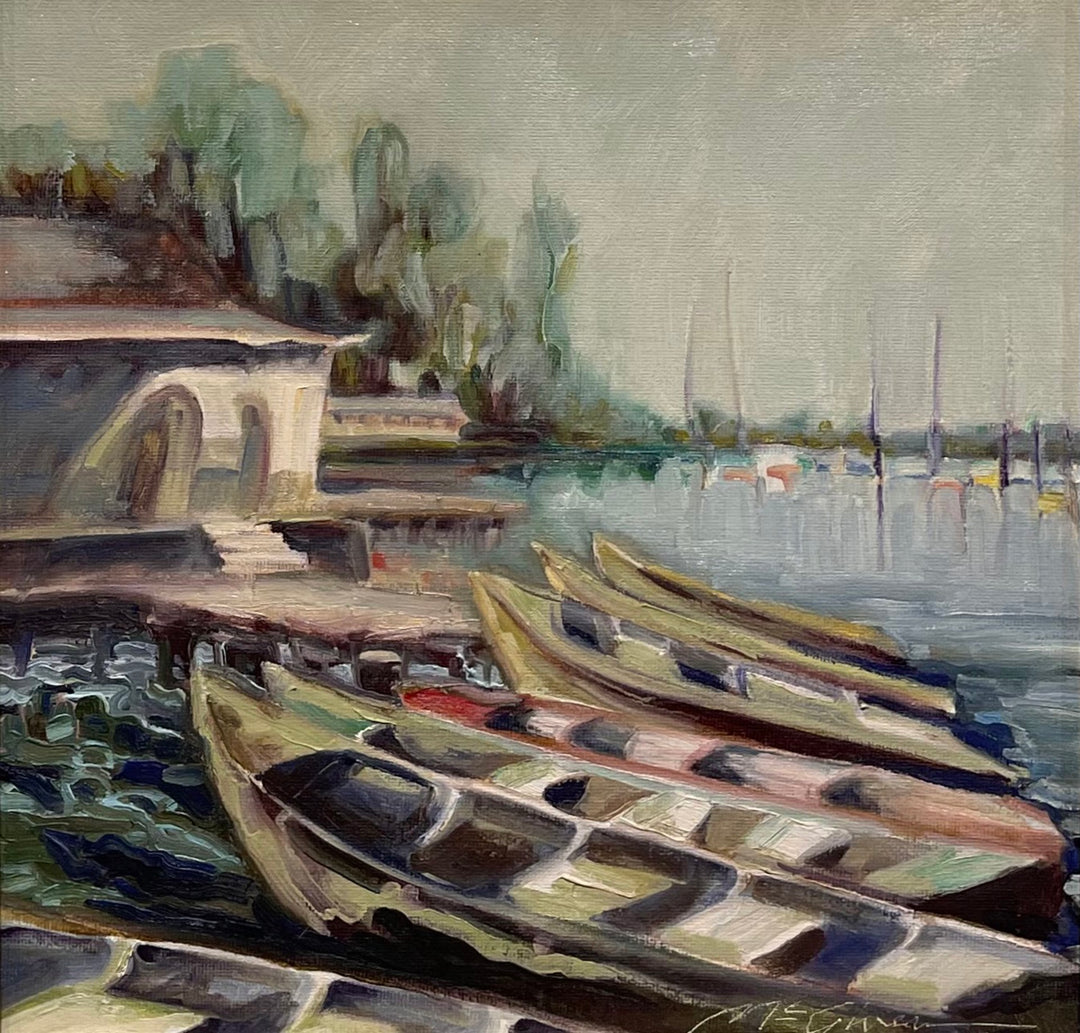 An "Lake Calhoun" painting of boats docked at Lake Calhoun by Peggy McGivern.