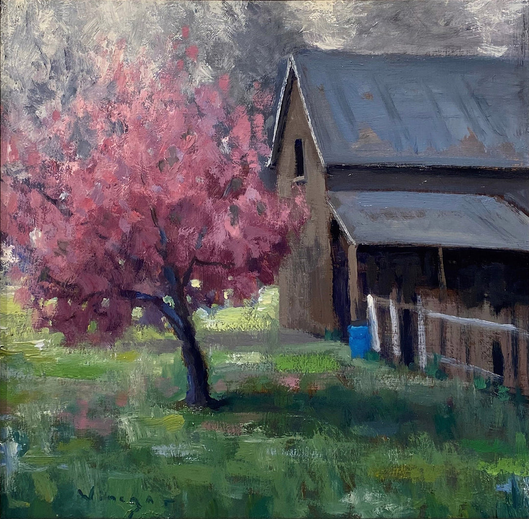 A Touch of Spring" by Seth Winegar is an oil on board painting featuring a pink tree in front of a barn.