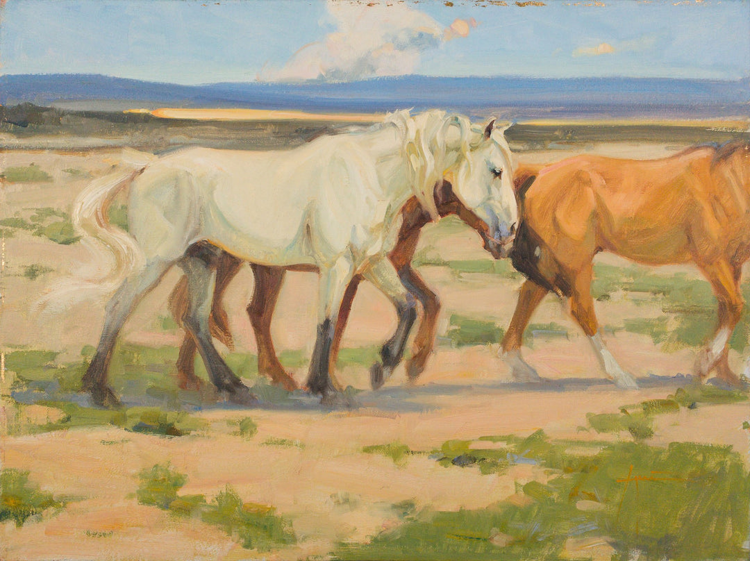 A painting titled "Lani Vlaanderen - Gathering the Mares" by Lani Vlaanderen, depicting two horses walking in the desert. The artwork is created using oil on canvas.