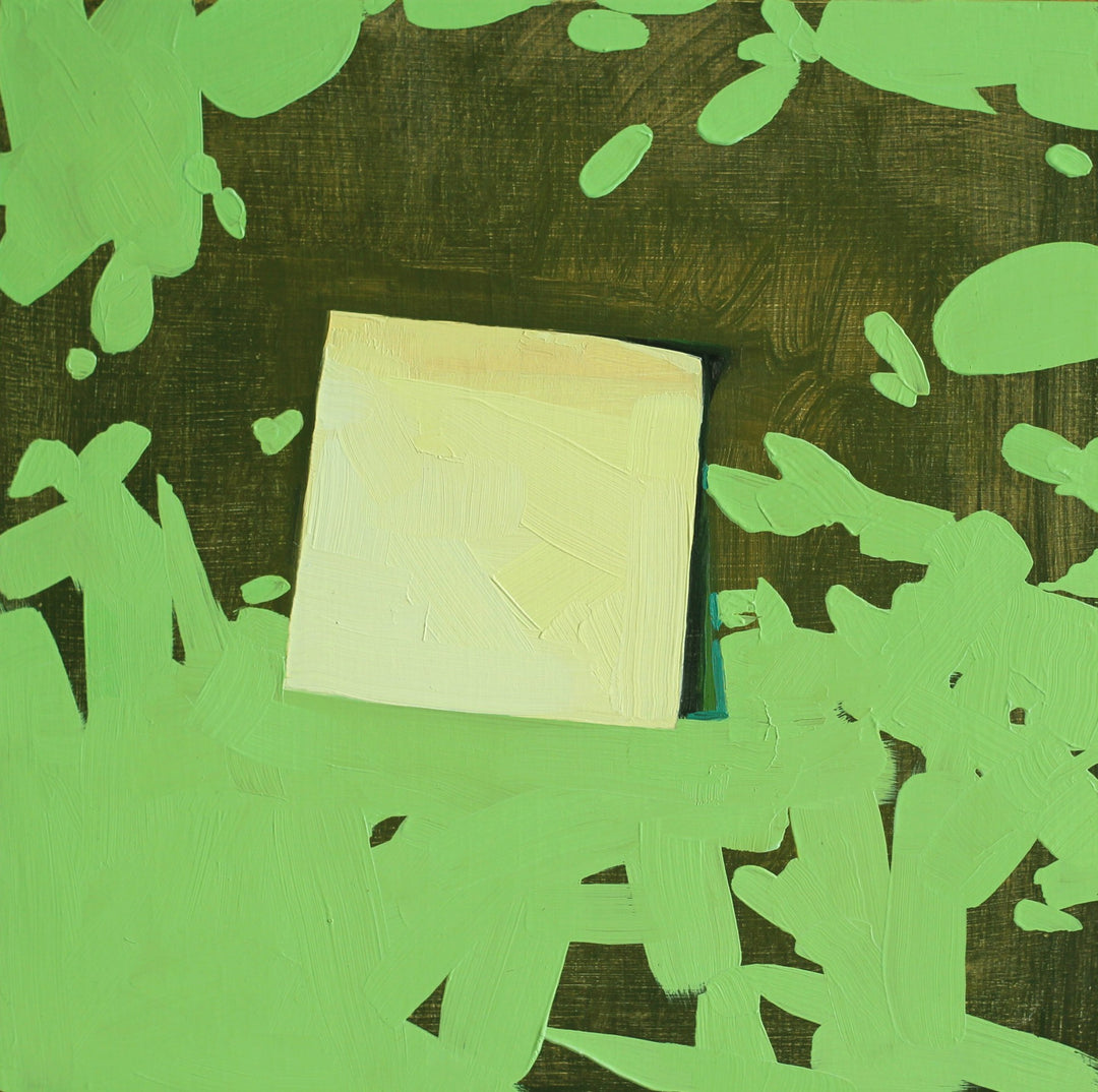 A Felicia Forte - "Remember the Catbird Seat" oil painting of a square on a green background.