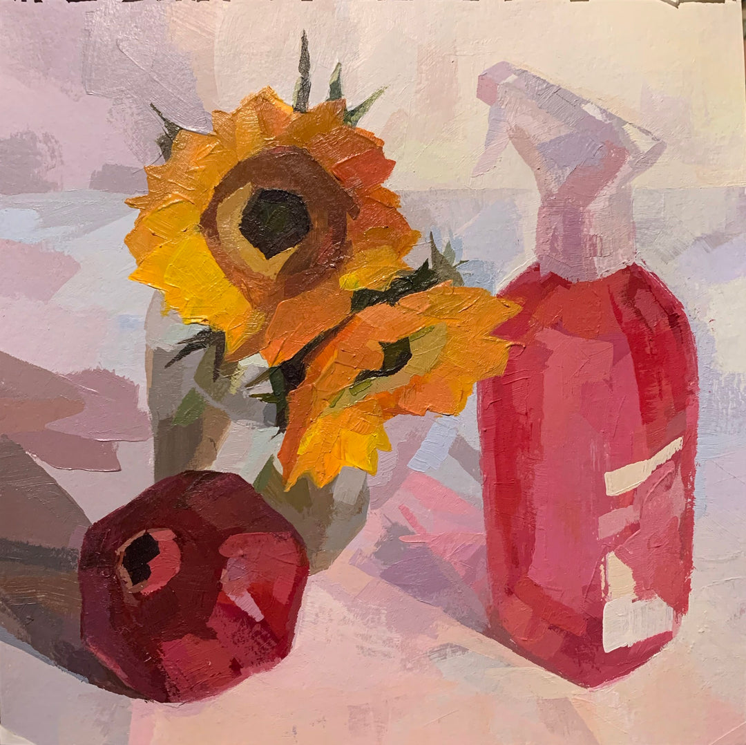 A large Yana Beylinson - "Method," 2020 acrylic painting of sunflowers on paper.