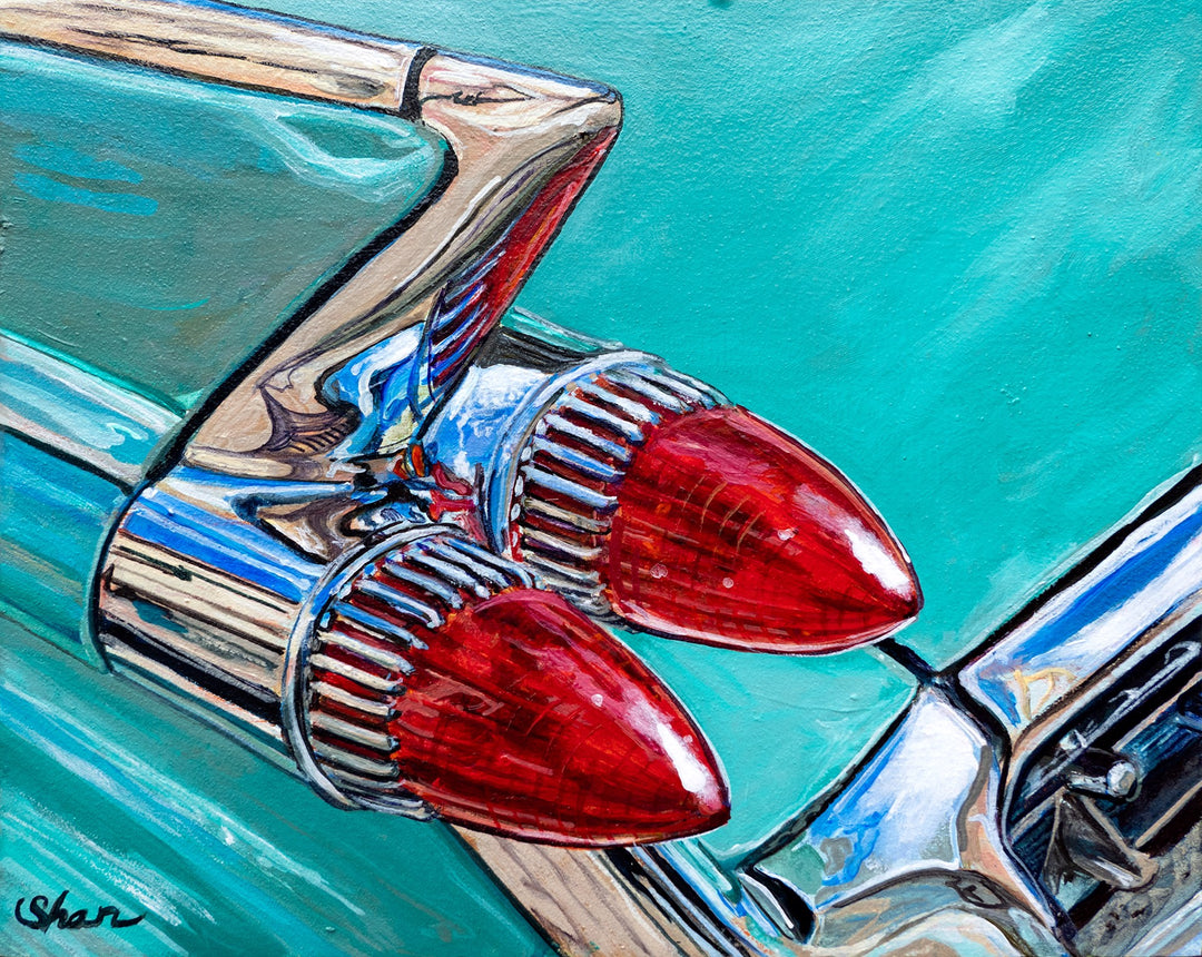 A Shan Fannin - "1959 Cadillac Tailfin - Vegas Turquoise" painting, showcasing its signature tailfin design.