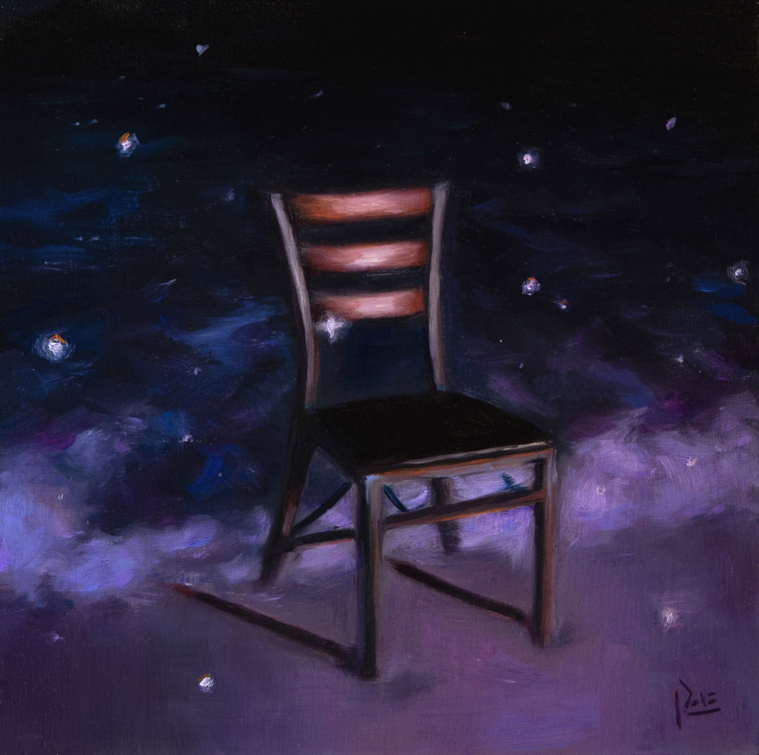 Tiffany Dae's mesmerizing painting, "Accept" by Tiffany Dae, depicts a chair amidst a captivating night sky, creating a harmonious blend of colors and textures. Crafted with oil on panel, this artwork showcases the artist.