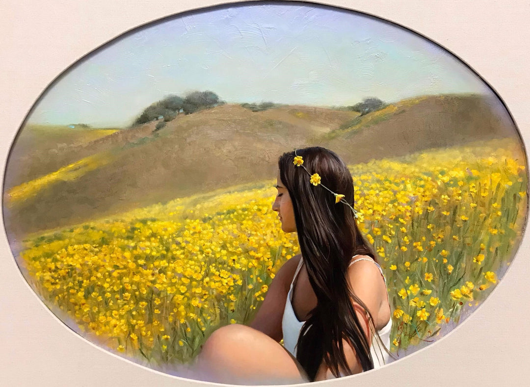 An oil on canvas painting of a woman, Diego Glazer - "Antonia," in a field of yellow flowers by Diego Glazer.