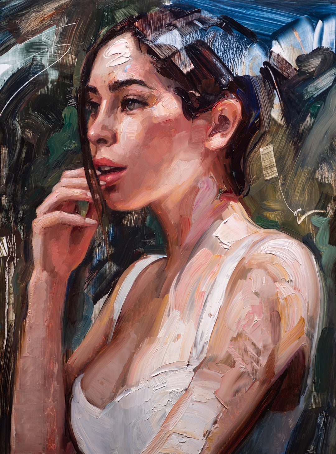 An oil painting of a woman with her hand on her chin, created by the artist Matt Talbert - "True Love Waits".