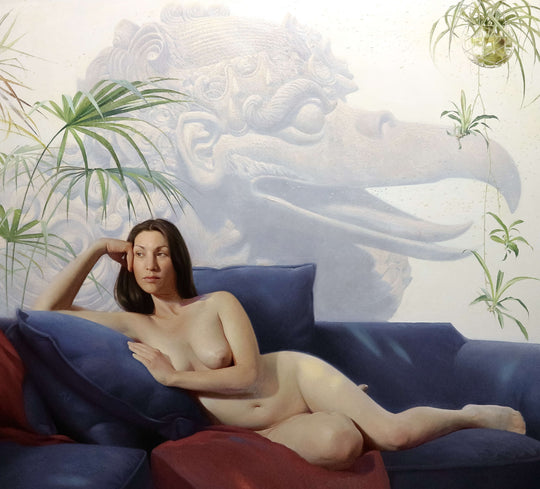 A Diego Glazer | "Garuda" painting of a nude woman laying on a blue couch.