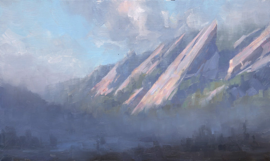 A breathtaking oil painting of a mountain illuminated by soft fog in the background, skillfully created by renowned artist Dave Santillanes, featuring the product "Uplift Study" from the brand Dave Santillanes.