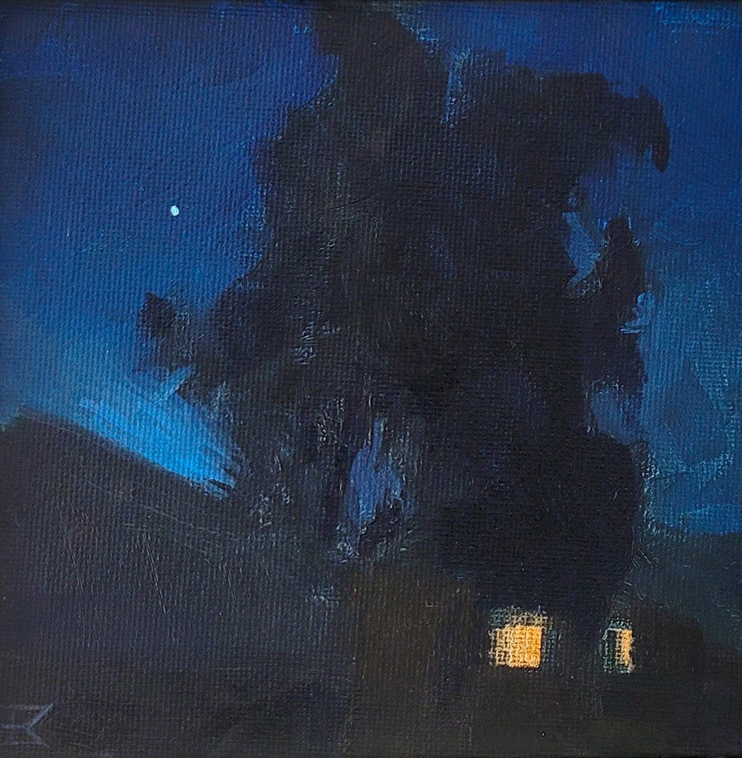 A mesmerizing painting of a house at night with a beautiful moon in the sky, created by Emma Kalff - "Summertime Nocturne," a talented artist using oil on panel.