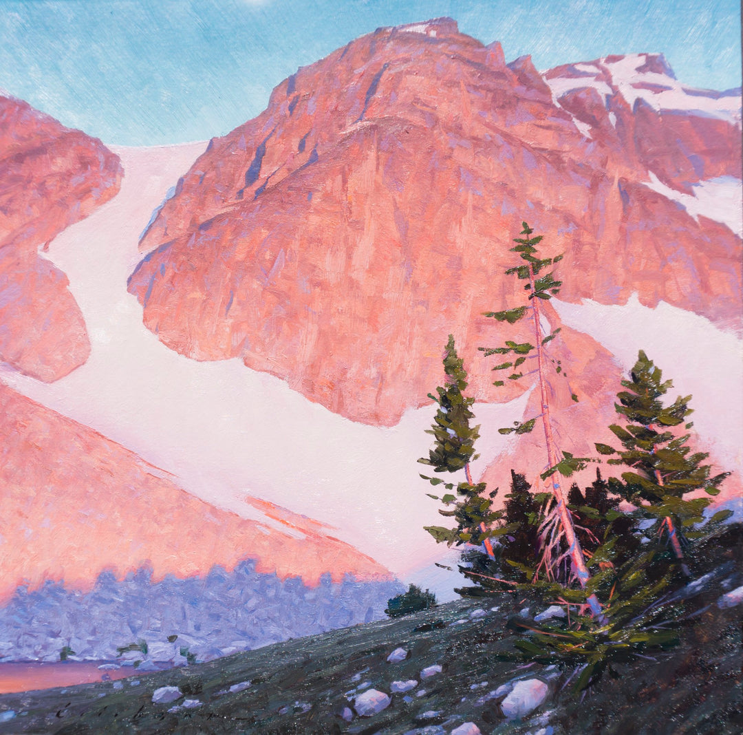 An oil painting of a majestic mountain with trees in front of it, created by the talented artist Cody Erickson - "Paintbrush Divide" from the Cody Erickson brand.