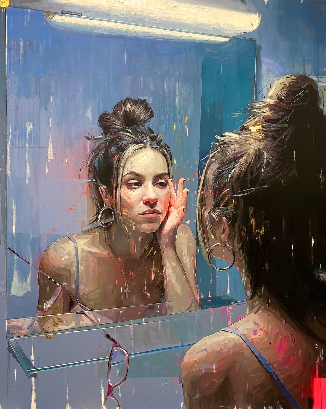 A captivating painting featuring a woman, created with acrylic and oil, as she gazes intently at her reflection in the mirror. This mesmerizing artwork, "Alba's Mirror, 2023" by Conrado López+, is created by Conrado López.